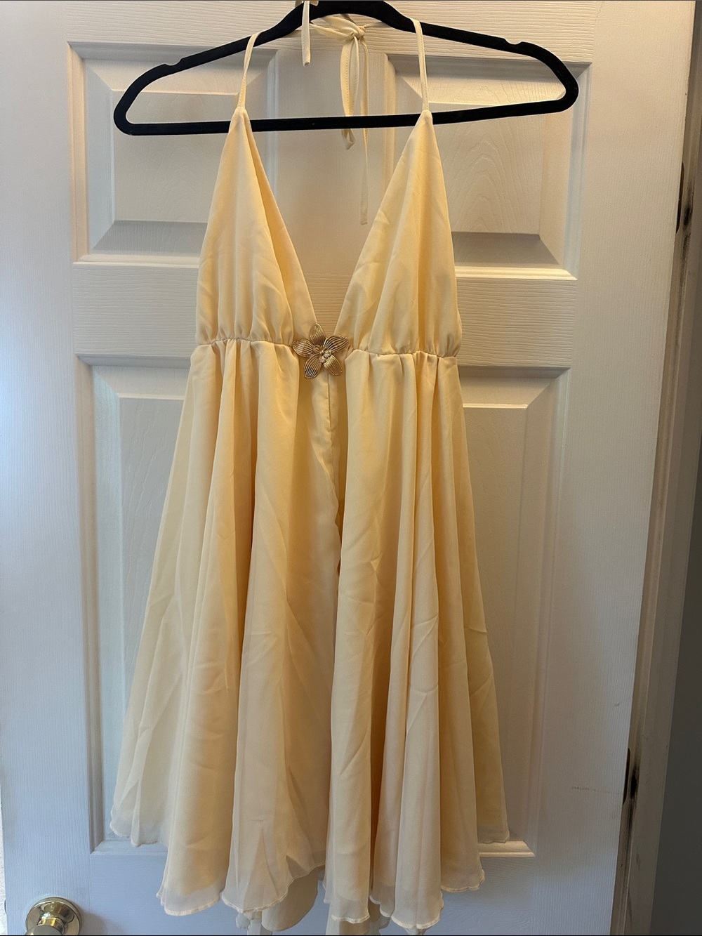 Yellow Halter Chiffon Party Dress with Flower Accent